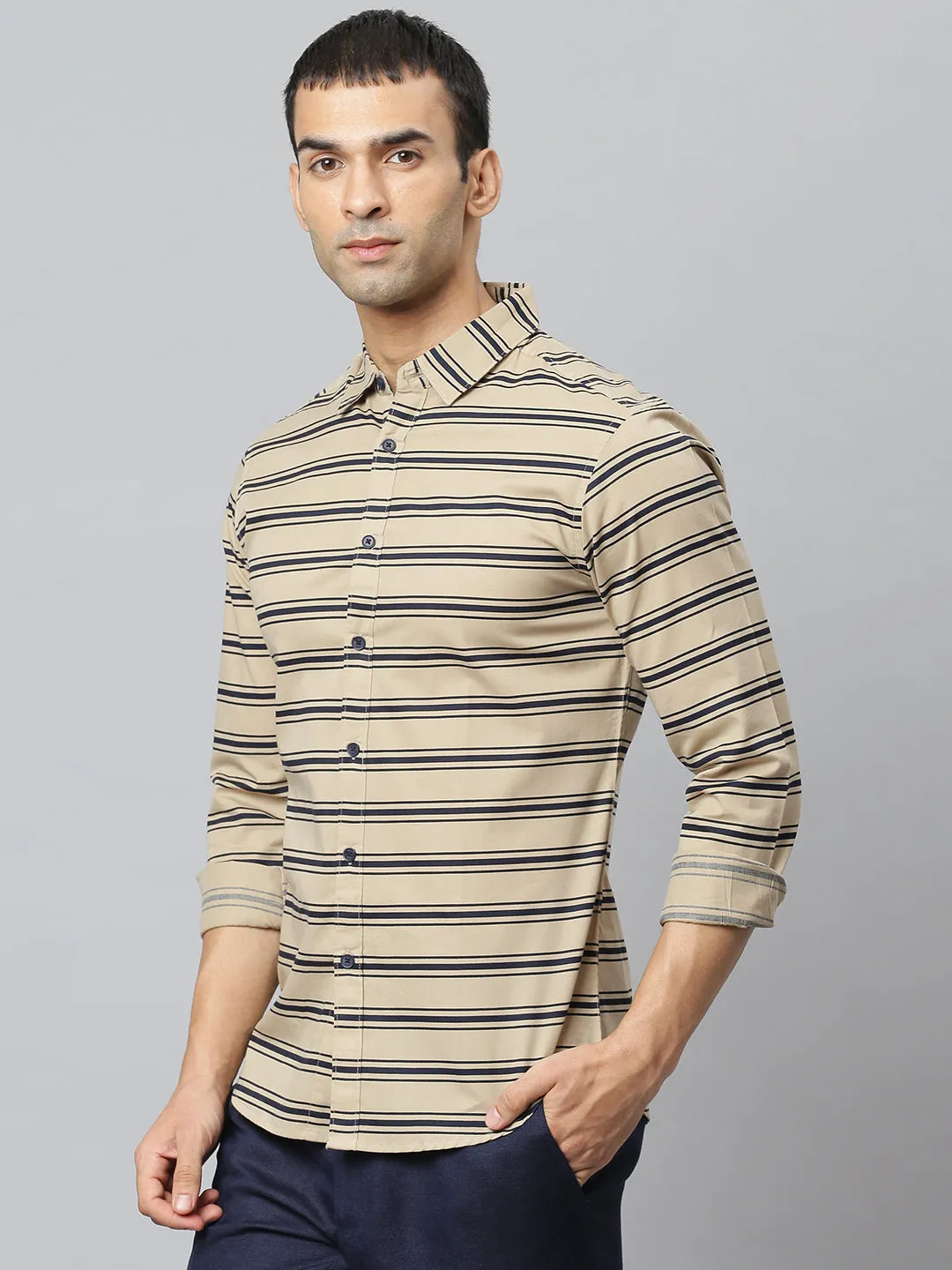 Men's  Spread Collar Full Sleeves Horizontal Stripes Shirt (Khaki)