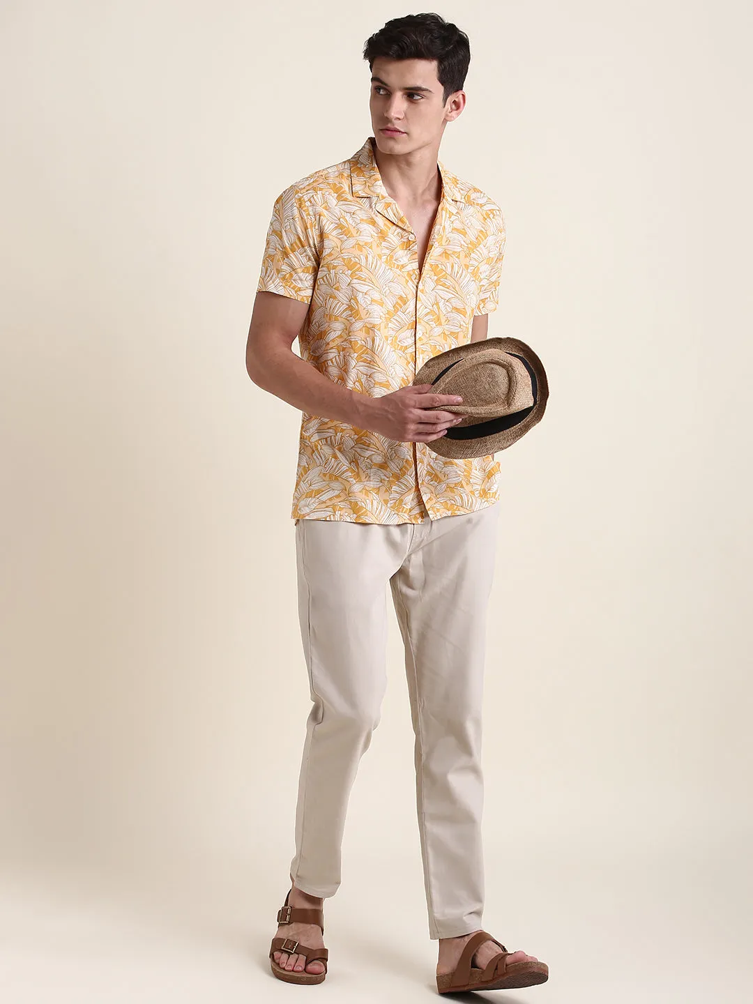 Men's Yellow Leaf Print Slim Fit Casual Shirt